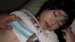 Miniature Japanese teenager Tsukino UTA sucks gun brushes and flannel