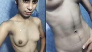 Skinny girl shows her naked body to the guy