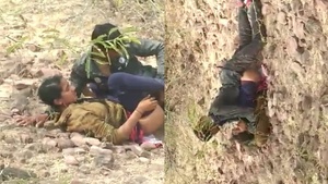 A desi girl gets pounded by local boys in the open air