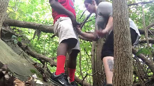 Black Guy Gets a Blowjob from White Girl in the Woods