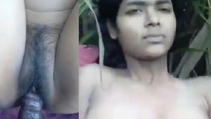 Indian desi girl with hairy pussy has outdoor sex in village