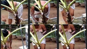 Sri Lankan wife enjoys a secret outdoor bath on camera