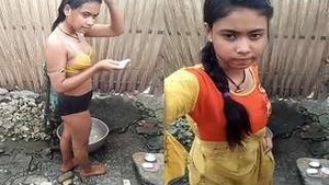 Amateur Indian Girl Takes a Bath in the Open Air
