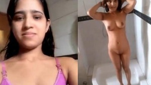 Cute brunette girl in the girl before the bath
