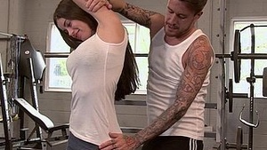 April seduces the almsmans invitation, adjacent to the gym, and lets him, not hear the pussy