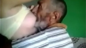 Old man sucking young hottie with huge tits
