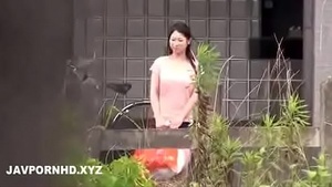Japanese housewife fucked outside the house, husband inside