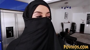 Busty Muslim office slut sucking and riding a huge black cock in a burka