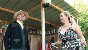 Cute little slut with big tits and a big ass who got into a threesome with her grandfather