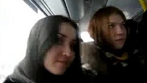 Russian girls Sheikha Helter-Skelter stunt men strangers at the bottom of the bus