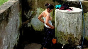 Tiny cute girl coming out of the bathroom and showing her slim body.