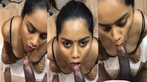 A thick beauty gives a blowjob to her husband’s friend.