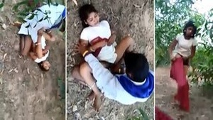 Two village boys having sex with a beautiful woman in the woods. XXX MMC