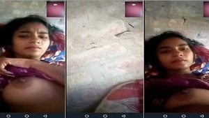 Pretty Dehati girl from India shows her big melons in a video call.