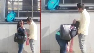 Beautiful girl enjoys rough and passionate outdoor sex with door scene.