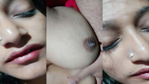 Video of a hot wife with large breasts experimenting on camera.