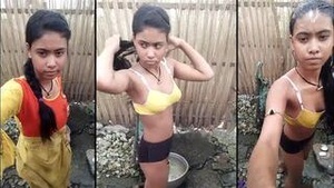A innocent beauty was caught taking a sensual bath outdoors in a Desi MMS clip provided by her lover.