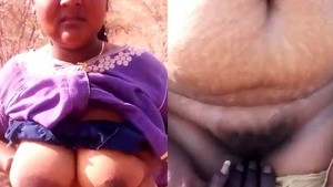 The tits and pussy of a horny farm girl outside