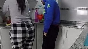 Helpless recipients get squirted with milk in the kitchen