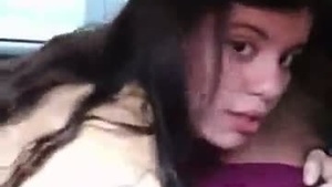 A sexy college student has hot sex with her boyfriend in the back seat of the car.