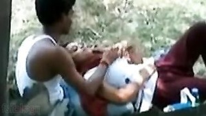 Big tits bounce while desi honey is fucked outside.