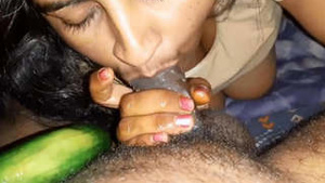 Indian wife giving blow job to her husband by using innerwear