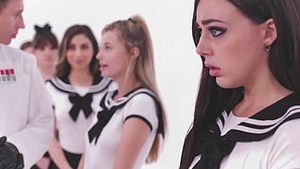 A man enjoys having sex with four female university students and gives them a tight hug.